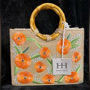 💐Haute Hippie Orange Floral Rhinestone accent Tote with Bamboo Handles-💐NWT